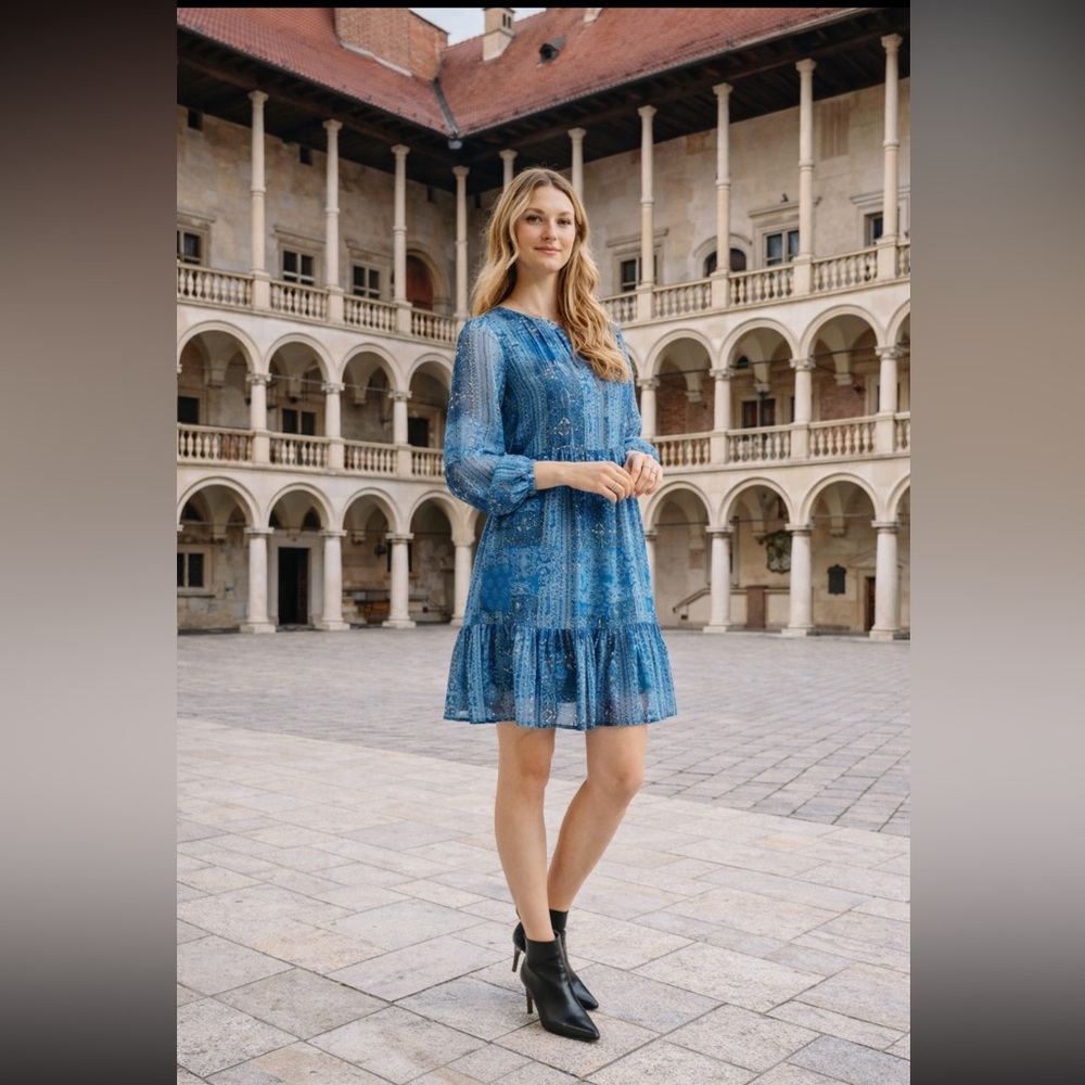 MEXX NWT Blue Printed Long-Sleeve Tiered Midi Dress size S.